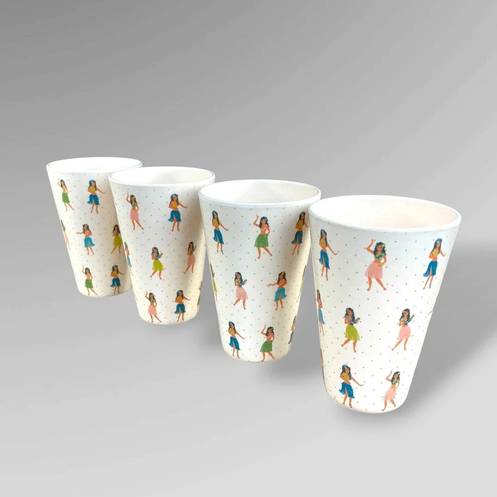 Fig & Fern Hula Girl Tumbler Set of 4 Tropical Retro Tiki Melamine Style Cups‎